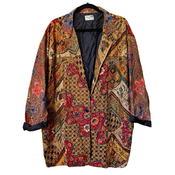 Vtg OK MIKE Multicolor Floral Beaded Jacket 3/4 Sleeve Pockets Lined Boho Cotton - Picture 7 of 8